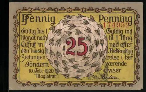 Notgeld Tondern 1920, 25 Pfennig, Junge Frau mit Goldhorn