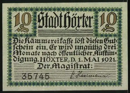 Notgeld Höxter 1921, 10 Pfennig, Rathaus, Stadtwappen