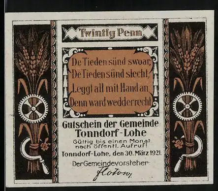 Notgeld Tonndorf-Lohe 1921, 20 Pfennig, Getreide mit Zahnrad und Sichel, Bauer bei der Saat