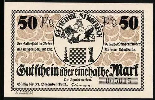 Notgeld Stroebeck 1921, 50 Pfennig, Schachbrett, Adler mit Krone