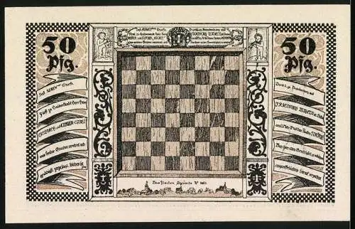 Notgeld Stroebeck 1921, 50 Pfennig, Schachbrett, Adler mit Krone