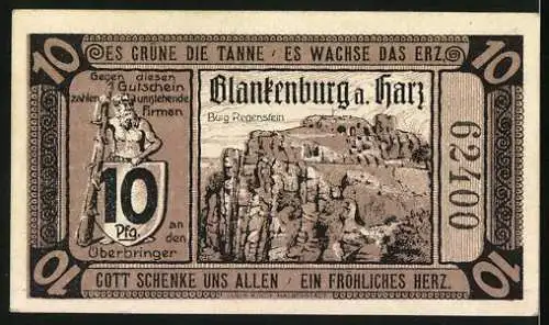 Notgeld Blankenburg 1920, 10 Pfennig, Blankenburger Kreisblatt, Burg Regenstein
