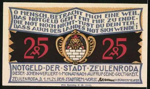 Notgeld Zeulenroda 1921, 25 Pfennig, Silhouette der Stadt