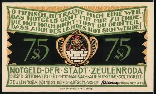 Notgeld Zeulenroda 1921, 75 Pfennig, Mitgiftpfand an Haus Greiz