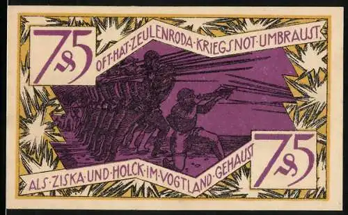 Notgeld Zeulenroda 1921, 75 Pfennig, Soldaten im Kampf