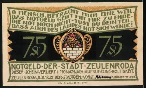 Notgeld Zeulenroda 1921, 75 Pfennig, Soldaten im Kampf