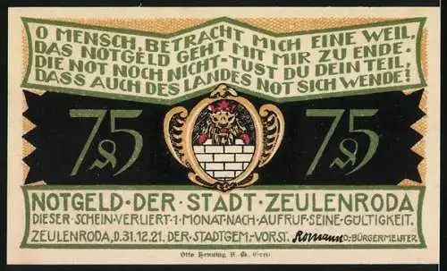Notgeld Zeulenroda 1921, 75 Pfennig, Greiz sendet sächs. Soldaten