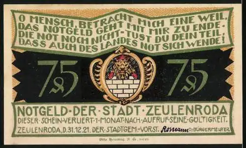 Notgeld Zeulenroda 1921, 75 Pfennig, Stadt in Flammen