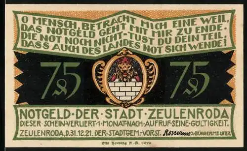 Notgeld Zeulenroda 1921, 75 Pfennig, Stadtwappen, Menschen leiden an Wassernot