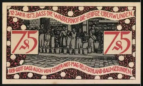 Notgeld Zeulenroda 1921, 75 Pfennig, Stadtwappen, Menschen leiden an Wassernot