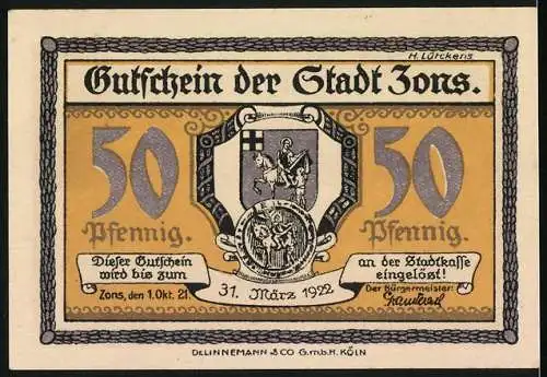 Notgeld Zons 1921, 50 Pfennig, Ortsansicht um 1400