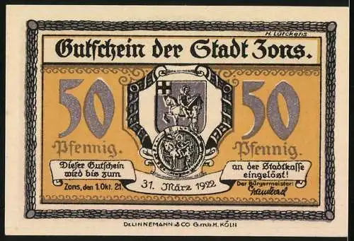 Notgeld Zons 1921, 50 Pfennig, Bauer auf dem Feld