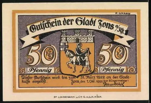 Notgeld Zons 1921, 50 Pfennig, Am Rheinturm