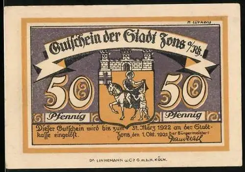 Notgeld Zons 1921, 50 Pfennig, Stadtwappen, Rheinturm