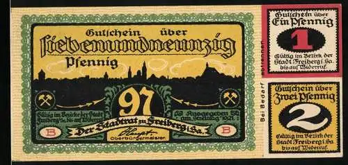 Notgeld Freiberg 1921, 1 Mark, Stadtsilhouette, Ehemaliges Erbisches Tor