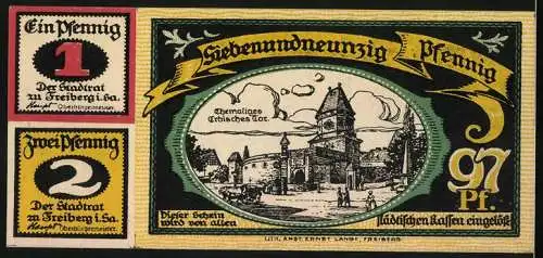 Notgeld Freiberg 1921, 1 Mark, Stadtsilhouette, Ehemaliges Erbisches Tor