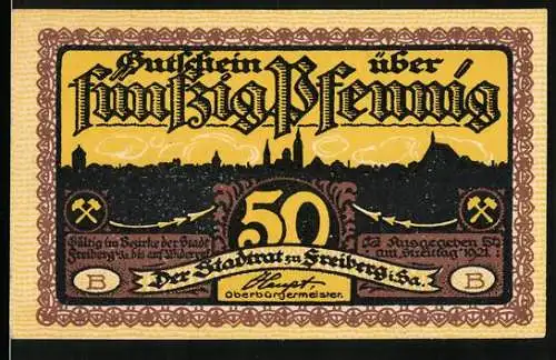 Notgeld Freiberg 1921, 50 Pfennig, Bergarbeiter in der Grube