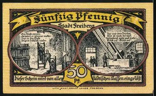 Notgeld Freiberg 1921, 50 Pfennig, Bergarbeiter in der Grube