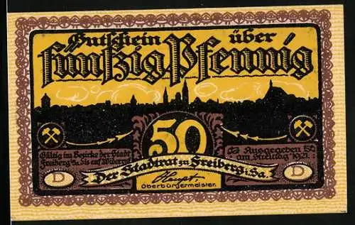 Notgeld Freiberg 1921, 50 Pfennig, Bergmann mit Kind