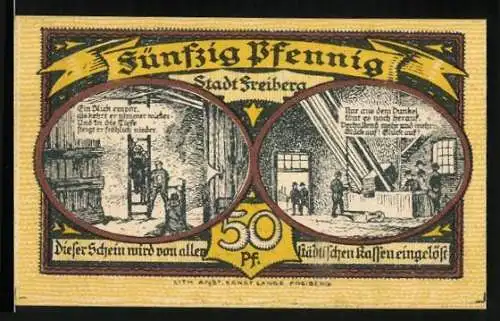 Notgeld Freiberg 1921, 50 Pfennig, Bergarbeiter steigen in den Schacht