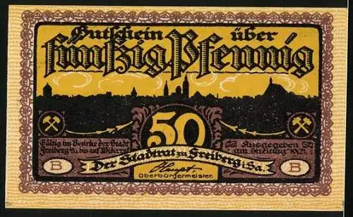 Notgeld Freiberg 1921, 50 Pfennig, Bergarbeiter steigen in den Schacht