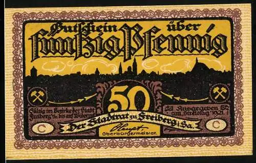 Notgeld Freiberg 1921, 50 Pfennig, Bergmann beim Steine klopfen