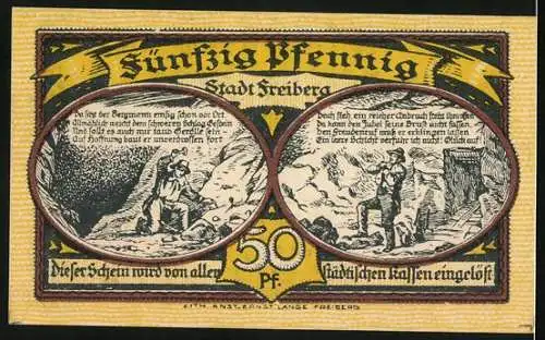 Notgeld Freiberg 1921, 50 Pfennig, Bergmann beim Steine klopfen