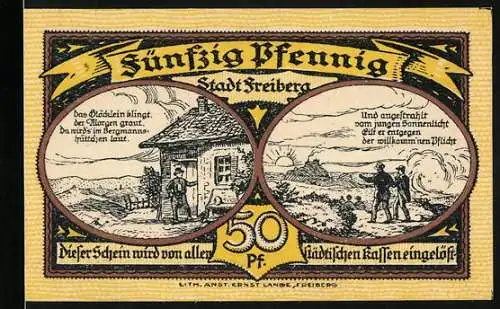 Notgeld Freiberg 1921, 50 Pfennig, Bergmänner auf dem Weg zur Arbeit