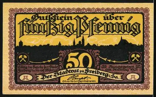 Notgeld Freiberg 1921, 50 Pfennig, Bergmänner auf dem Weg zur Arbeit