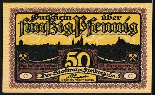 Notgeld Freiberg 1921, 50 Pfennig, Bergmann vor einem Schacht