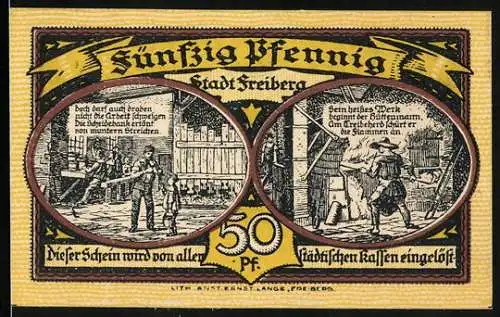 Notgeld Freiberg 1921, 50 Pfennig, Bergmann heizt Ofen ein