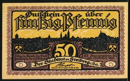 Notgeld Freiberg 1921, 50 Pfennig, Bergmann heizt Ofen ein