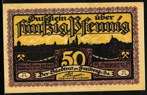 Notgeld Freiberg 1921, 50 Pfennig, Bergmänner im Sonnenaufgang auf dem Weg zum Schacht