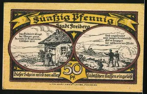 Notgeld Freiberg 1921, 50 Pfennig, Bergmänner im Sonnenaufgang auf dem Weg zum Schacht