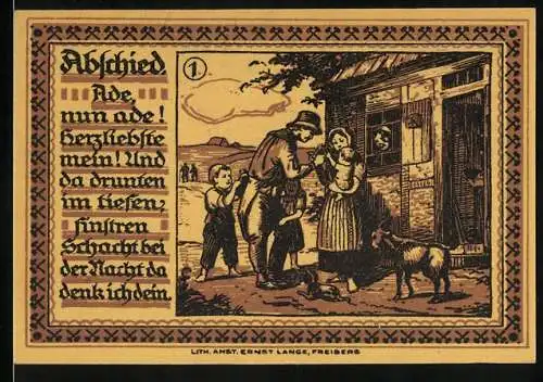 Notgeld Freiberg 1921, 75 Pfennig, Begrmann verabschiedet sich von seiner Familie