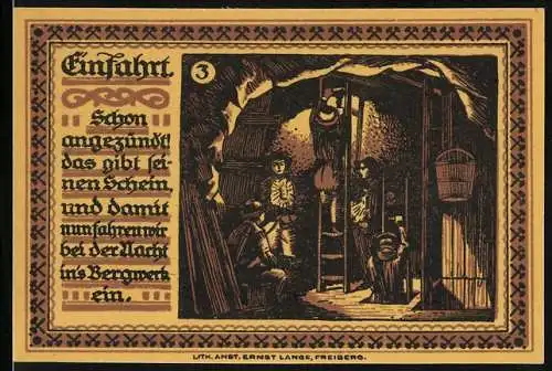 Notgeld Freiberg 1921, 75 Pfennig, Bergmänner beim Eingang ins Bergwerk
