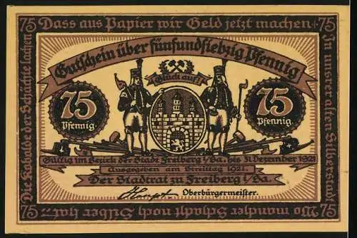 Notgeld Freiberg 1921, 75 Pfennig, Bergmänner klopfen und schaufeln