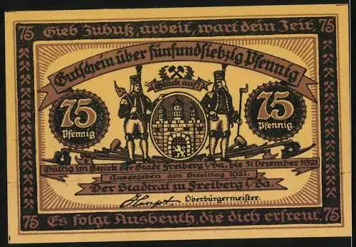 Notgeld Freiberg 1921, 75 Pfennig, Bergmann in der Hütte