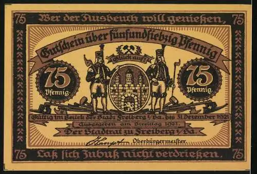 Notgeld Freiberg 1921, 75 Pfennig, Bergmänner feiern auf dem Platz