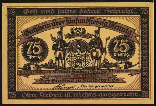 Notgeld Freiberg 1921, 75 Pfennig, Trauermarsch für Bergarbeiter