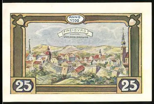 Notgeld Freiburg 1921, 25 Pfennig, Ortsansicht vor dem Brand