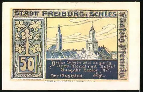 Notgeld Freiburg 1921, 50 Pfennig, Ortsansicht, Kirche