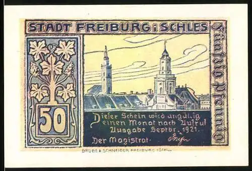 Notgeld Freiburg 1921, 50 Pfennig, Blick auf die Türme, Eingang alte Burg