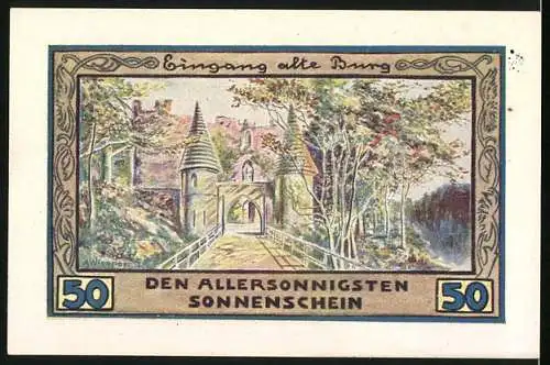 Notgeld Freiburg 1921, 50 Pfennig, Blick auf die Türme, Eingang alte Burg