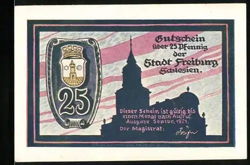 Notgeld Freiburg 1921, 25 Pfennig, Stadtwappen, Zwerge bei der Arbeit