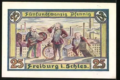 Notgeld Freiburg 1921, 25 Pfennig, Stadtwappen, Zwerge bei der Arbeit