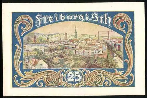 Notgeld Freiburg 1921, 25 Pfennig, Ortsansicht, Stadtwappen
