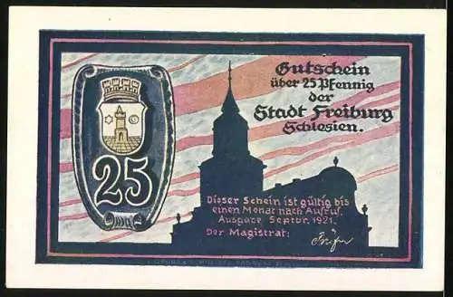 Notgeld Freiburg 1921, 25 Pfennig, Ortsansicht, Stadtwappen