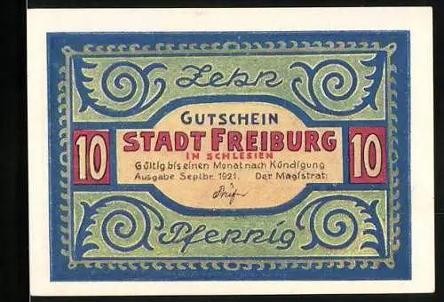 Notgeld Freiburg 1921, 10 Pfennig, Adler mit Taschenuhr