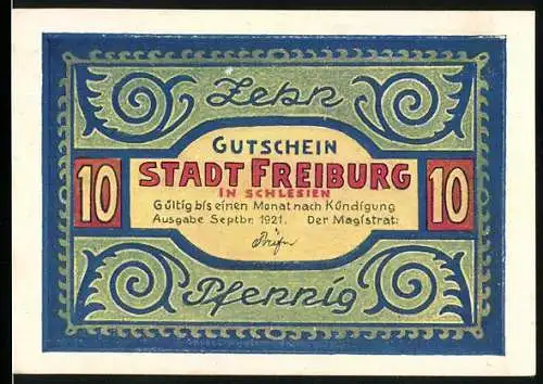 Notgeld Freiburg 1921, 10 Pfennig, Adler über der Stadt
